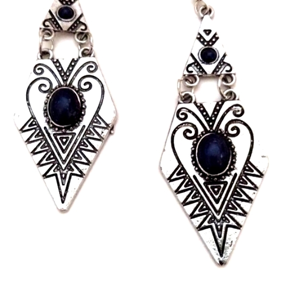 VINTAGE TRIANGULAR GEOMETRIC DROP DANGLE SILVER-TONE & BLUE HOOK 2.8" EARRINGS - Picture 3 of 6